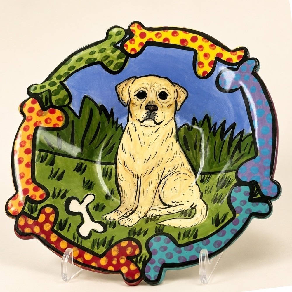 Hand-Painted Yellow Lab Pottery Colorful Bones Border Signed Art Dog Lover Gift - Picture 4 of 6
